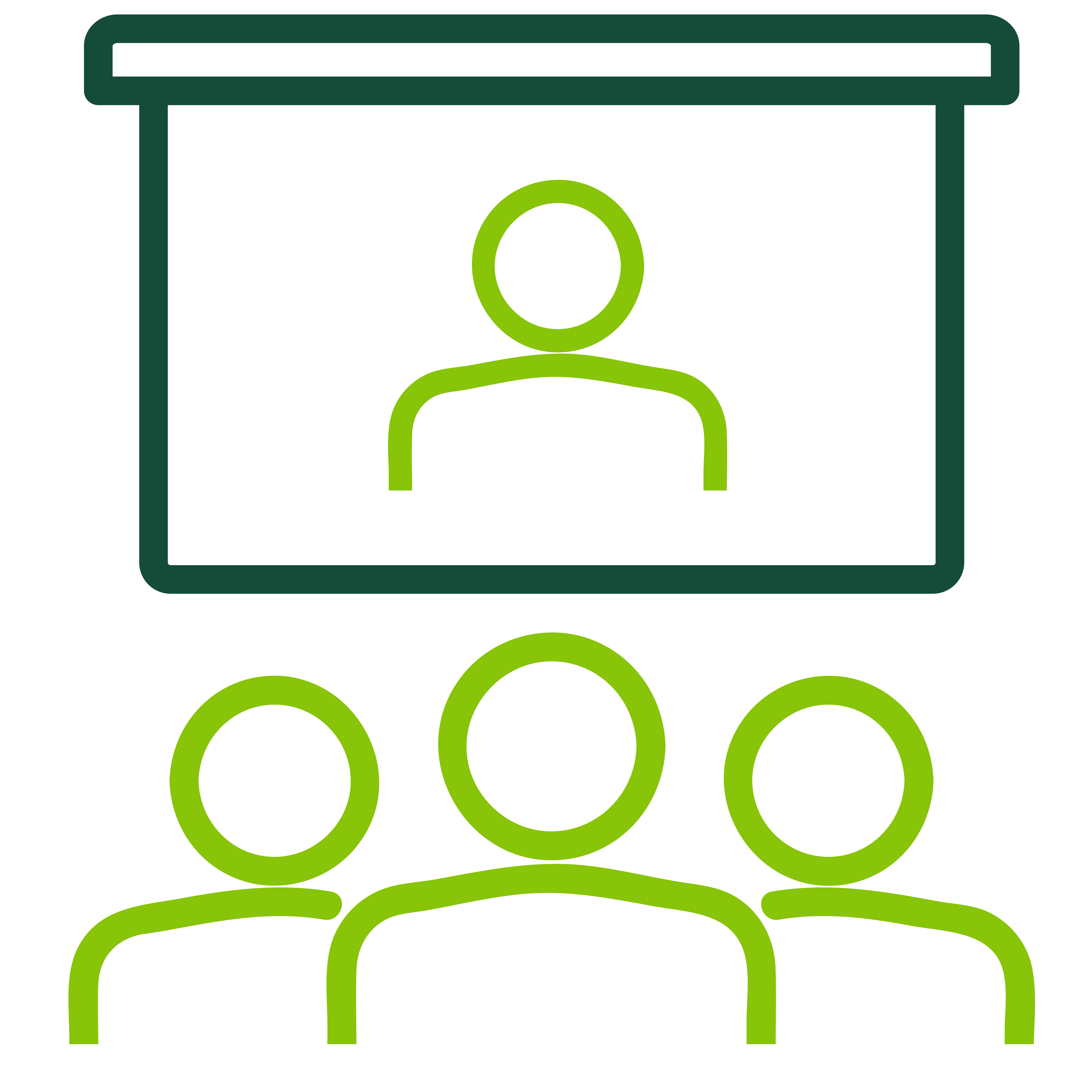 Green icon of presentation screen with person on it and three people looking at it